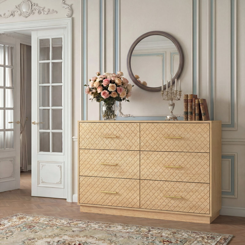 Commode double moderne à 6 tiroirs pour chambre à coucher, commode l 47 po avec panneau à losanges et lumière DEL, commode de rangement pour le salon