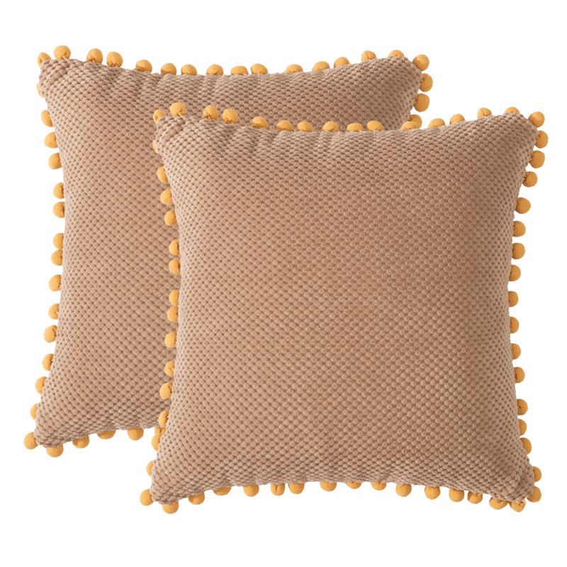 Pom-poms Cotton Blend Reversible Throw Pillow, 18" x 18", Polyester/Polyfill, Brown