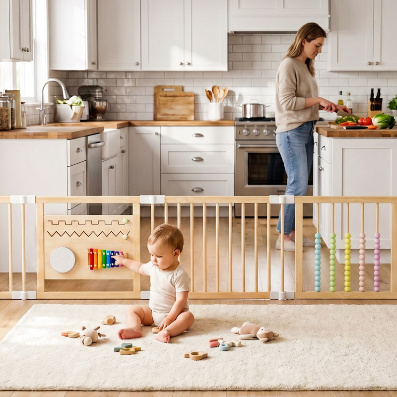Parc pour bébé et tout-petit, centre d'activités pour bébé en bois réglable et pliable, 24" H x 63" W x 63" D