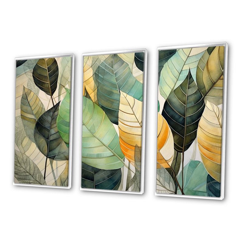 Feuilles vertes et jaunes - ensemble d'art mural sur toile feuilles, Cadre flottant blanc, H 28 po x l 36 po x P 1 po
