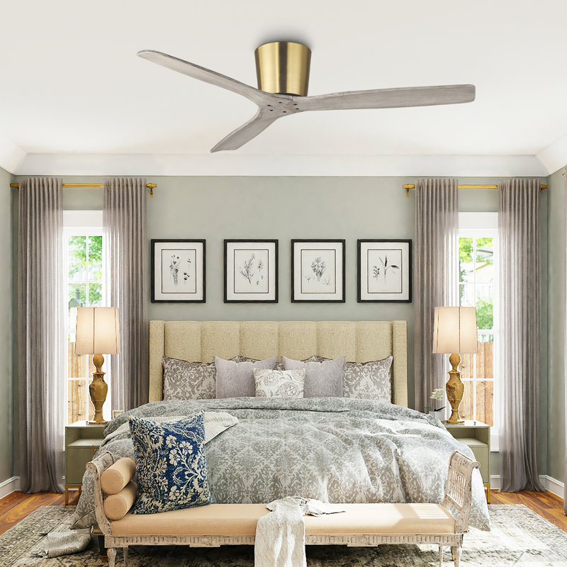 54" Farmhouse Solid Wood Blades Propeller Flush Mount Ceiling Fan without Lights, 6-Speed Reversible DC Motor, Timer, Remote Control Included