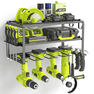Organisateur d'outils électriques, fer robuste, support de rangement à 3 couches avec 4 supports de perceuse, tablette à outils flottante murale, noir mat, atelier, garage, capacité de charge de 150 lb