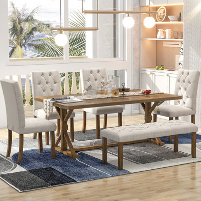 Ensemble de table de salle à manger 6 pièces avec table rectangulaire en bois et banc, idéal pour les réunions de famille et créer des expériences culinaires mémorables.