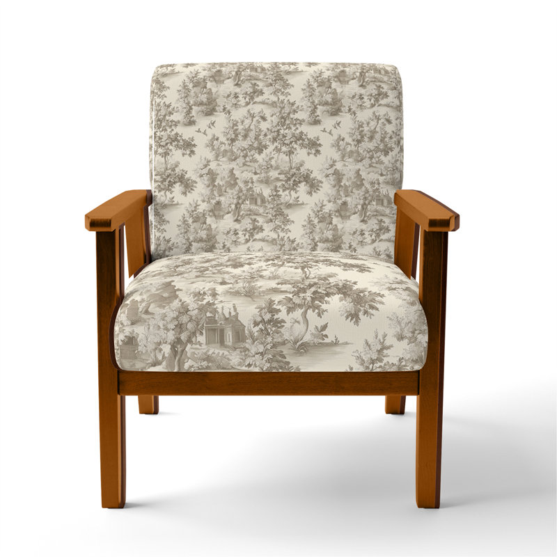 Chaise d'appoint French Country - Fauteuil beige neutre en tissu, Accoudoirs carrés bruns