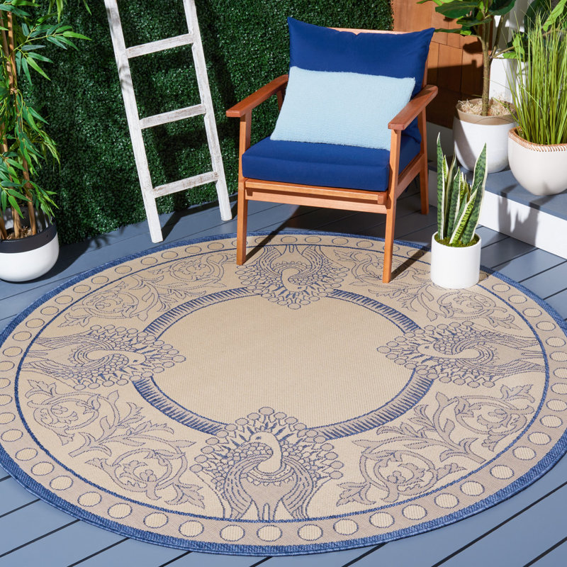 Arneshia Floral Natural/Blue Area Indoor/Outdoor Area Rug, Rectangle 4' x 5'7"