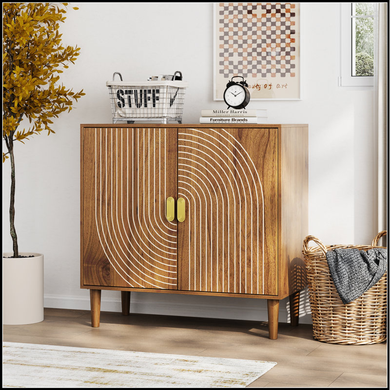 Walnut Wood Buffet Cabinet With Line Groove Design, Multifunctional Storage For Living Room And Entryway