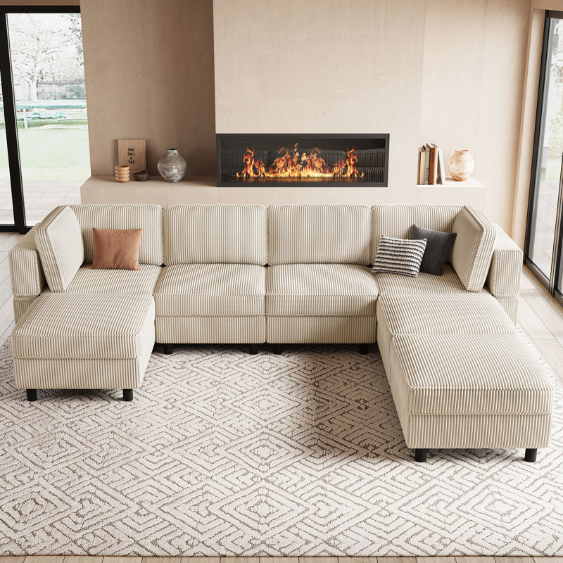 U Shaped Modular Sectional Sectional Sofa With Chaise & Ottoman, Beige Corduroy