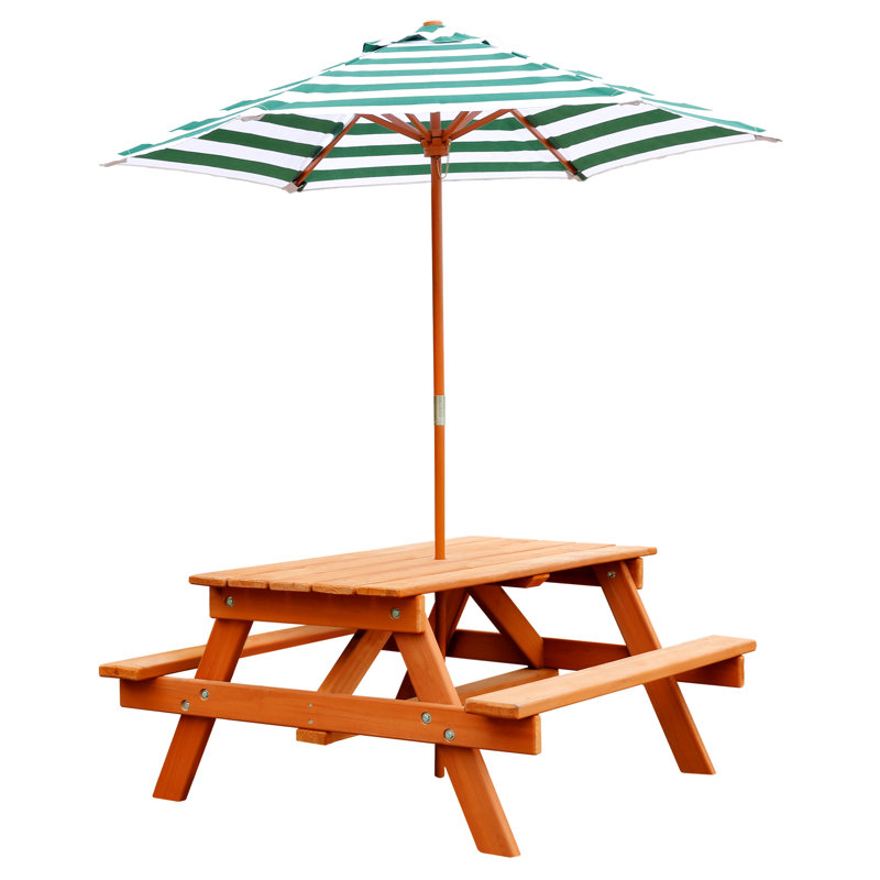 Kid's Wooden Outdoor Picnic Table and Umbrella Set
