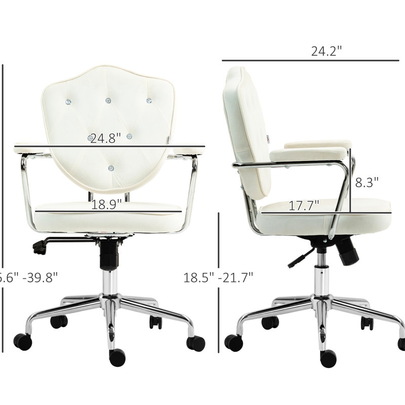 Chaise blanc crème à usage de bureau, tissu velouté à boutons, inclinaison et hauteur de siège réglables, fauteuil de coiffeuse pivotant avec roues de mobilité, capitonnage en tissu,