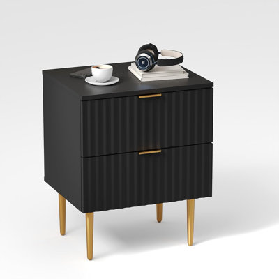 Modern Fluted Nightstand with Charging Station, 2-Drawer Bedside Table for Bedroom or Apartment