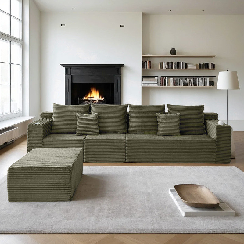 Canapé modulaire en forme de L avec repose-pieds et porte-gobelets Boneless, Vert