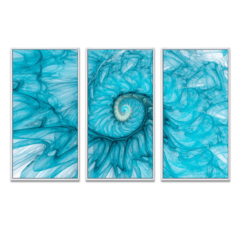 Turquoise spirale - 3 pièces, reproduction sur toile, H 28 po x l 36 po x P 1 po, Cadre blanc
