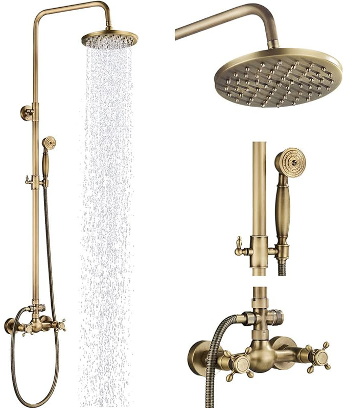 Antique Brass Shower System Bathroom Shower Faucet Set with 8 Inch Rainfall Shower Head Handheld Spray 2 Cross Handles Wall Mounted Outdoor Shower Fixtures Solid Brass