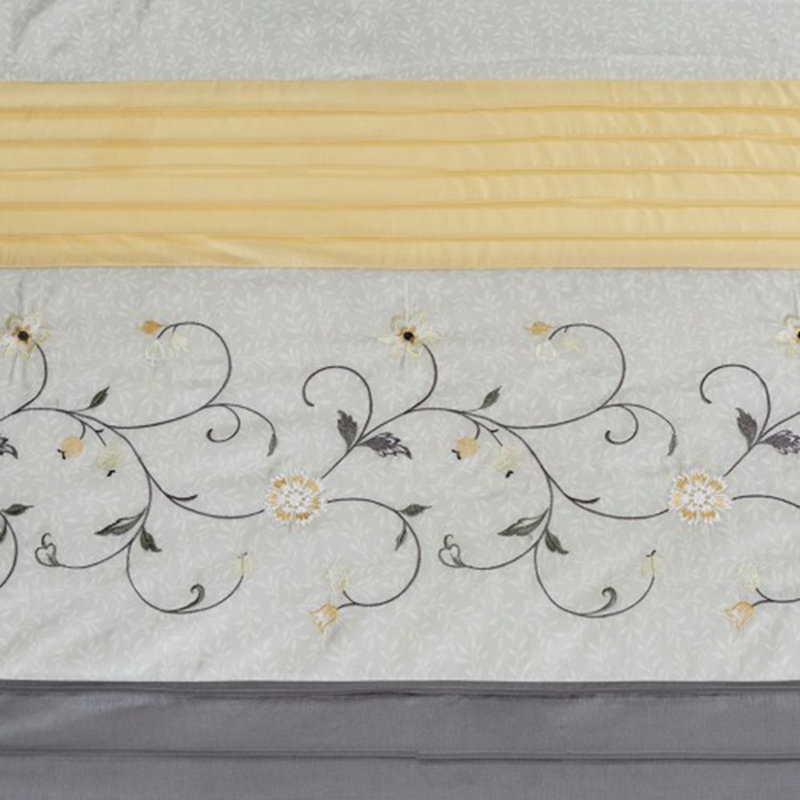 Faux Silk Embroidered Floral Shower Curtain, Yellow/Beige/Grey