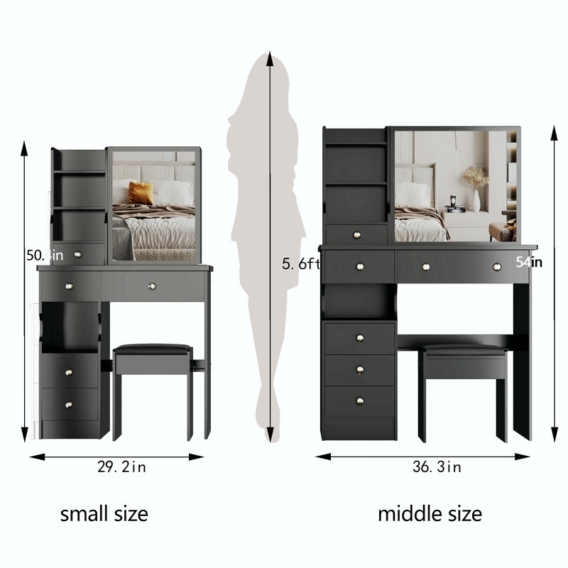 29.2" Small Space Left Drawer Desktop Vanity Table + Cushioned Stool, Extra Large Right Sliding Mirror, Multi Layer High Capacity Storage, Practical Fashionable Dresser, Epa, Gcc, Ul Certificate