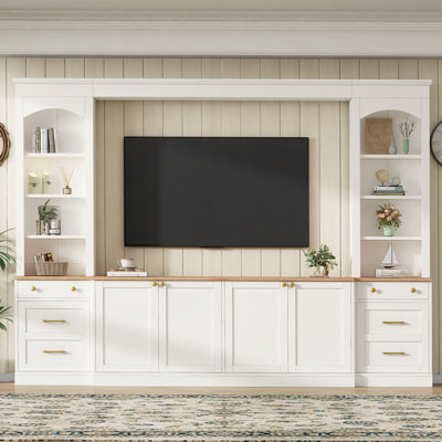 Farmhouse Arched Entertainment Center Wall Unit With Bookshelf, Retro Large TV Stand, Multi-Functional Media Console With Drawers For Living Room