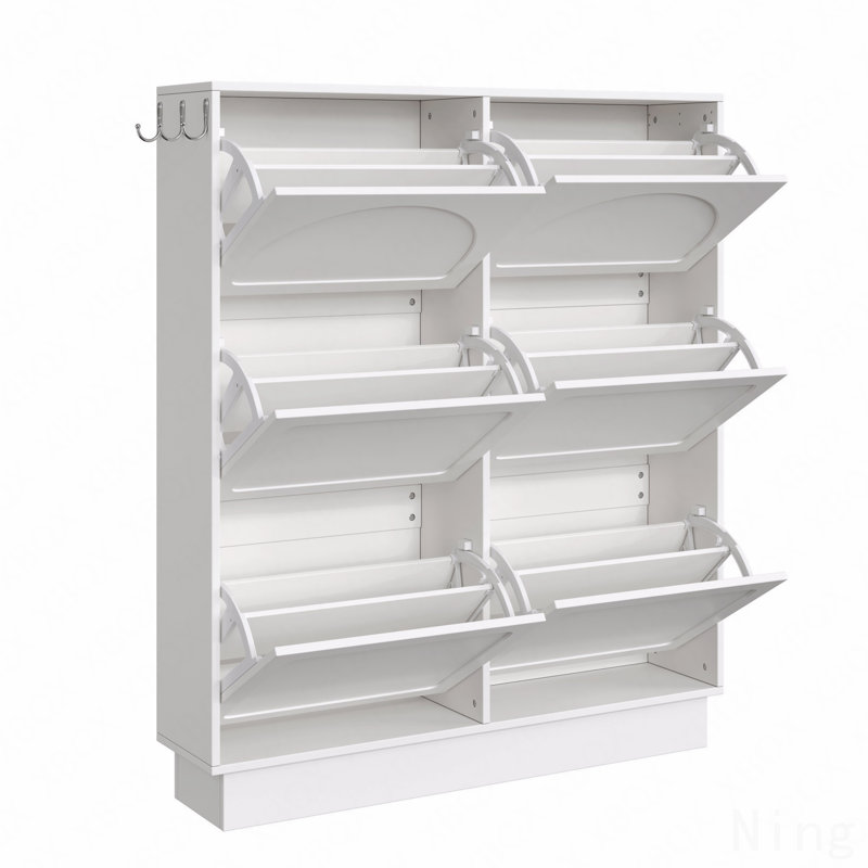 Modern Shoe Storage Cabinet With 6 Flip Drawers, Space Saving, Cream Style Entryway Organizer With Adjustable Shelf, Free-Standing With 3 Silvery Hooks