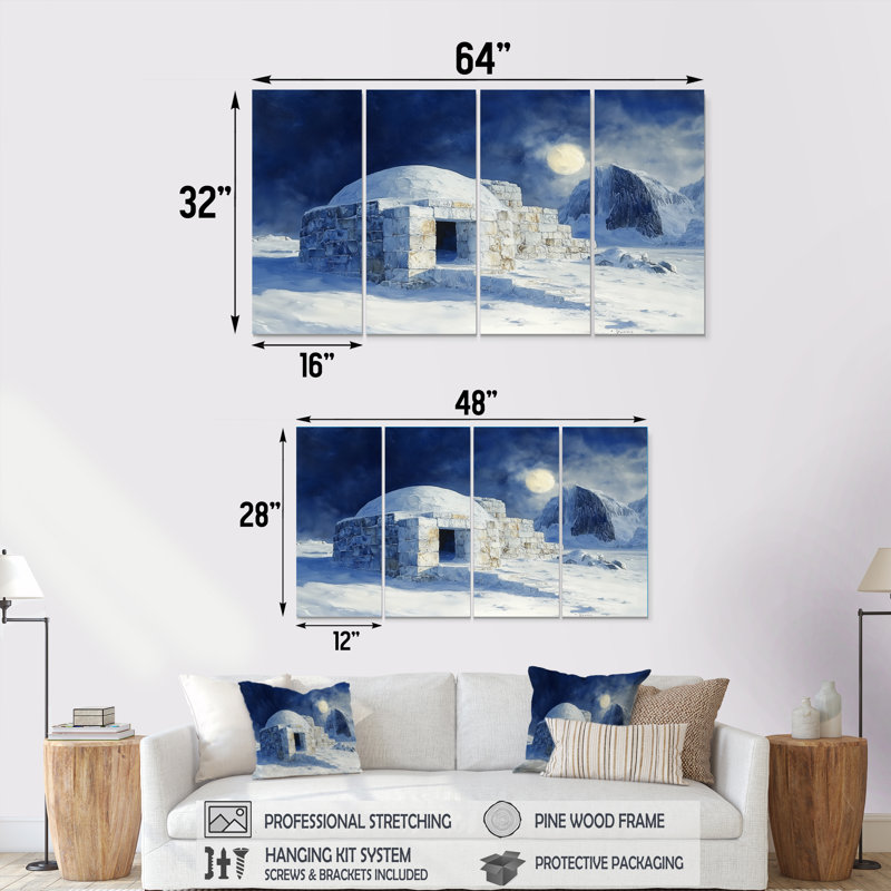 Ensemble de salon Igloo In Blue and White Tons II - Winter Landscape Wall Art, H 32 po x l 64 po