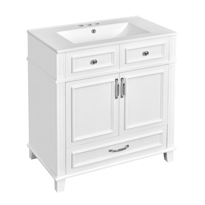 Meuble-lavabo blanc avec lavabo en céramique, portes à fermeture douce et structure en bois massif, style rétro, armoire de rangement moderne