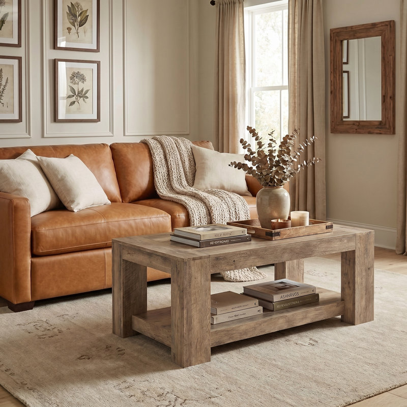 Table basse à deux niveaux de style Mid-Century avec rangement, Honey Brown