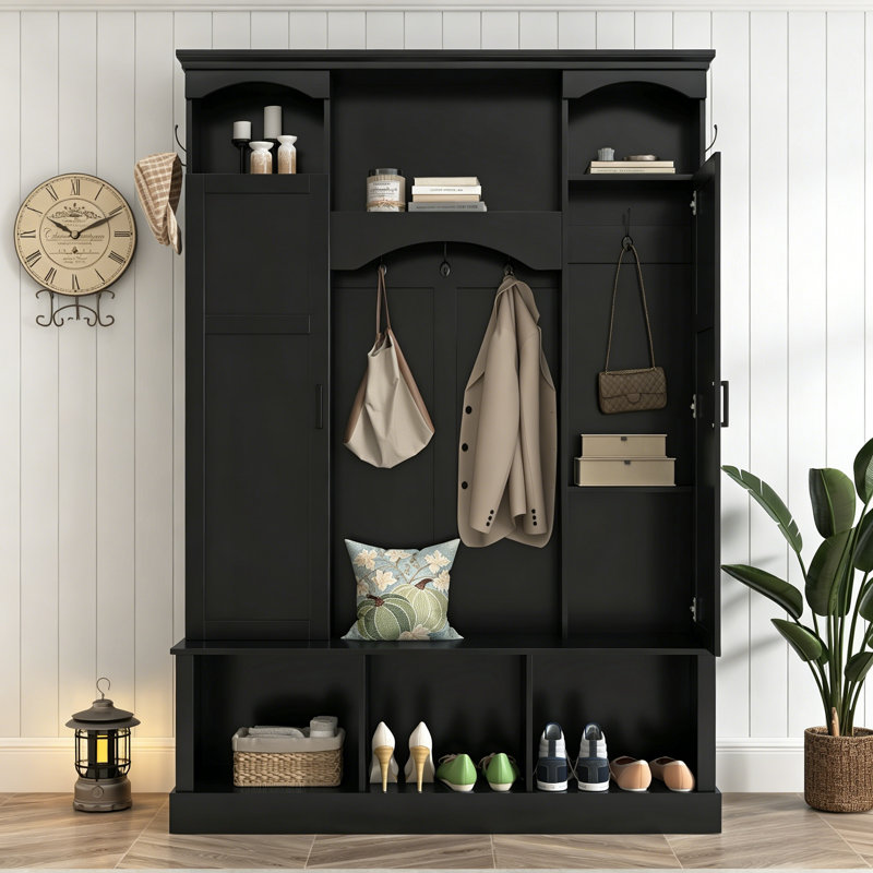 Modern All-In-One Farmhouse Hall Tree With Arched Design, Entryway Storage Bench With Dual Side Cabinets, Adjustable Shelves And 7 Hanging Hooks, Black