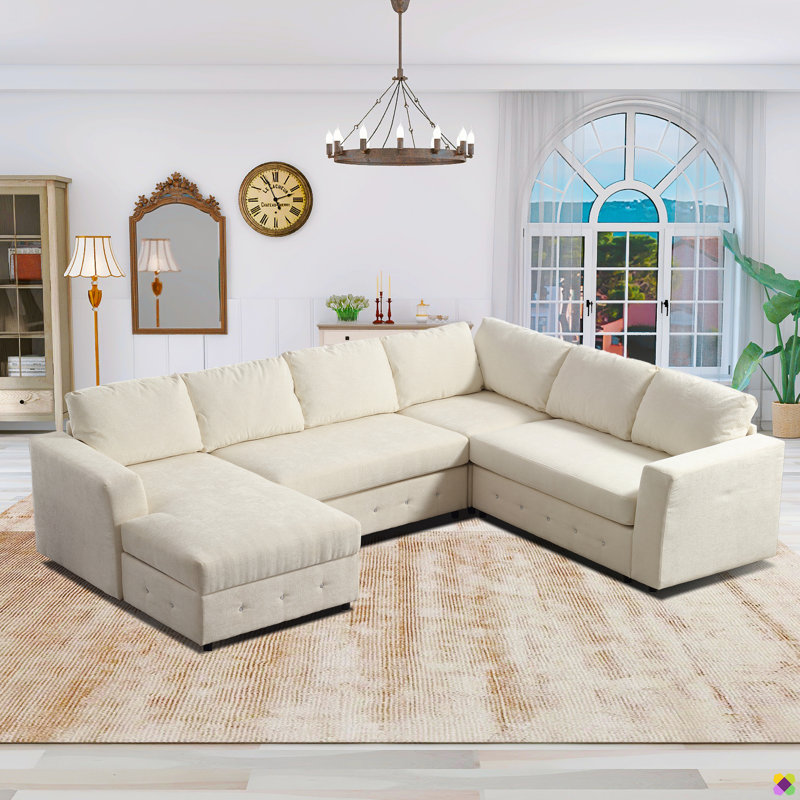 Praylow 110.75"W LAF U-shape Chenille Sectional, Storage Chaise, Beige Chenille