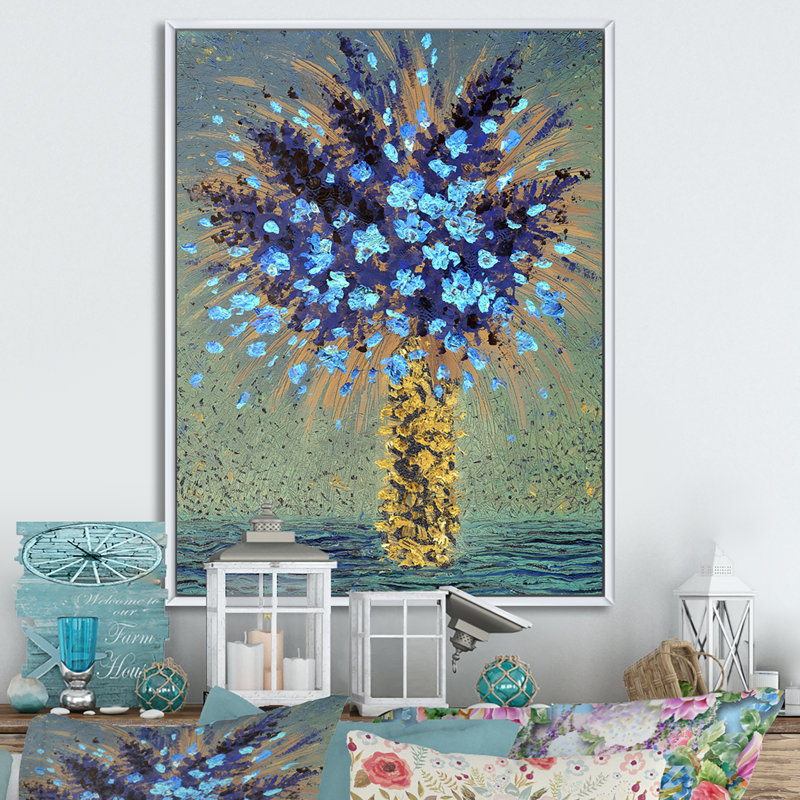 Fleurs bleues - peinture, H 40 po x l 30 po x P 1,5 po, Cadre flottant blanc