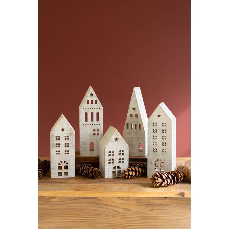 SET OF FIVE WOODEN VILLAGE - WHITEWASH