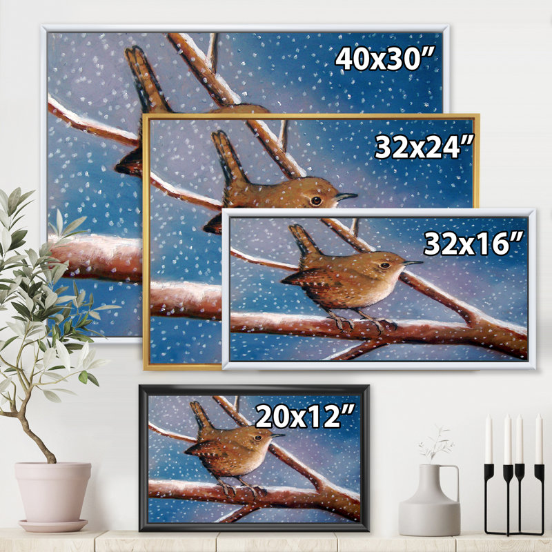 Wren en hiver - Peinture sur toile, H 24 po x l 32 po x P 1 po, Cadre blanc