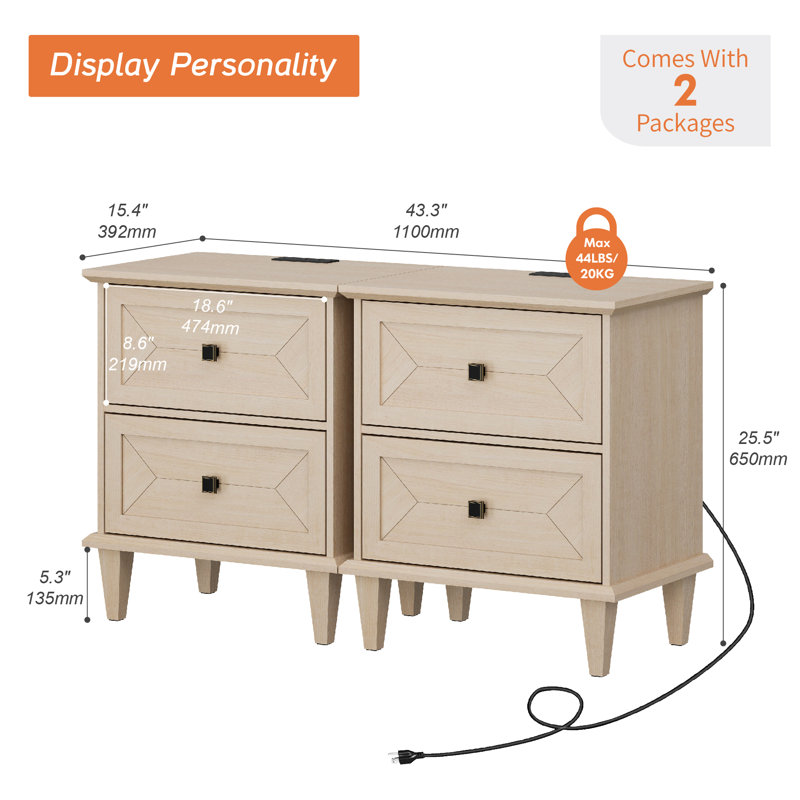  Table de bout Farmhouse avec station de charge, table de chevet à 2 tiroirs, beige, L 43,3 po, Beige