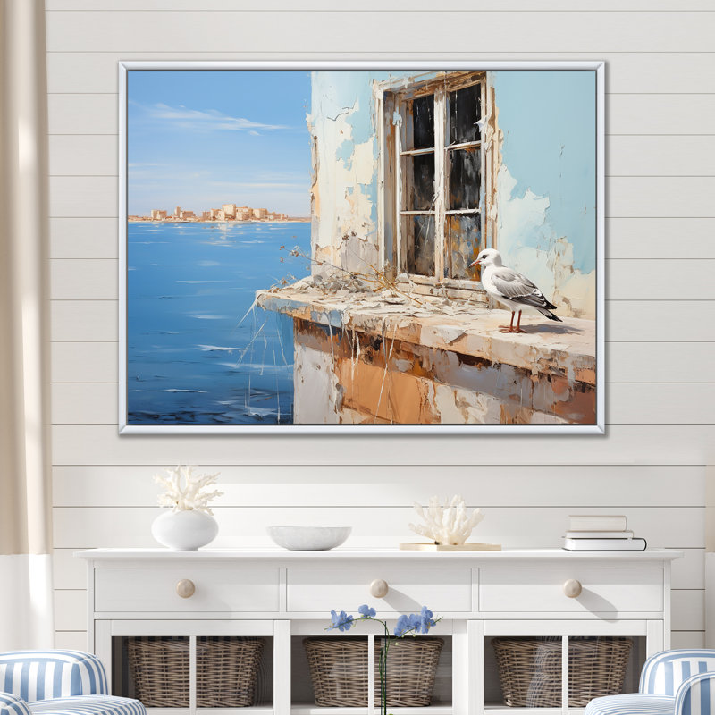 «Seagulls Perch Horizon II - Coastal Windows», art mural, Cadre flottant blanc, H 34 po x l 44 po x P 1,5 po