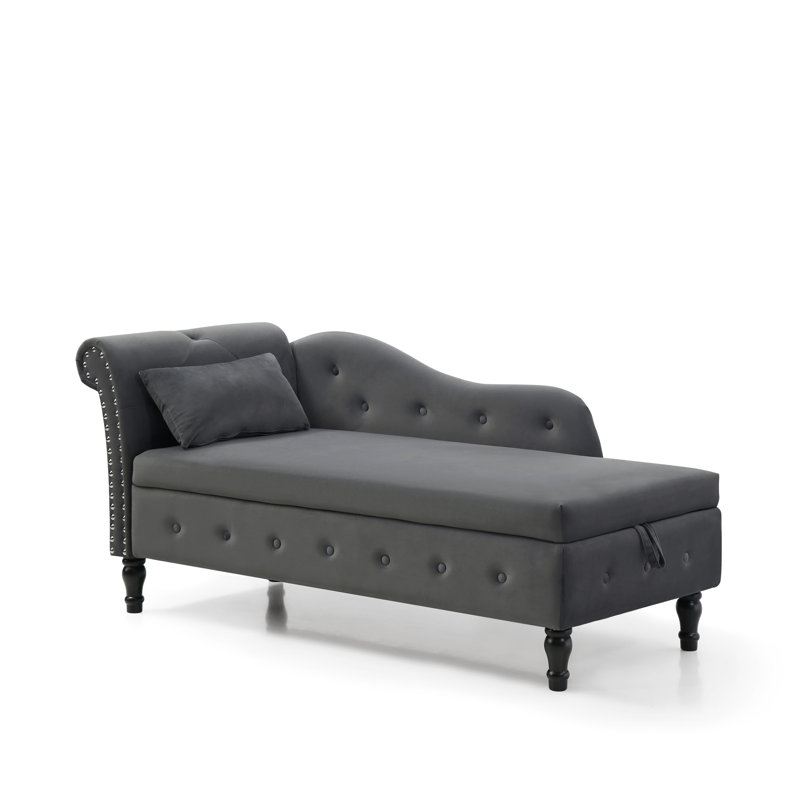 Chaise longue en velours gris avec pieds en bois massif et rangement