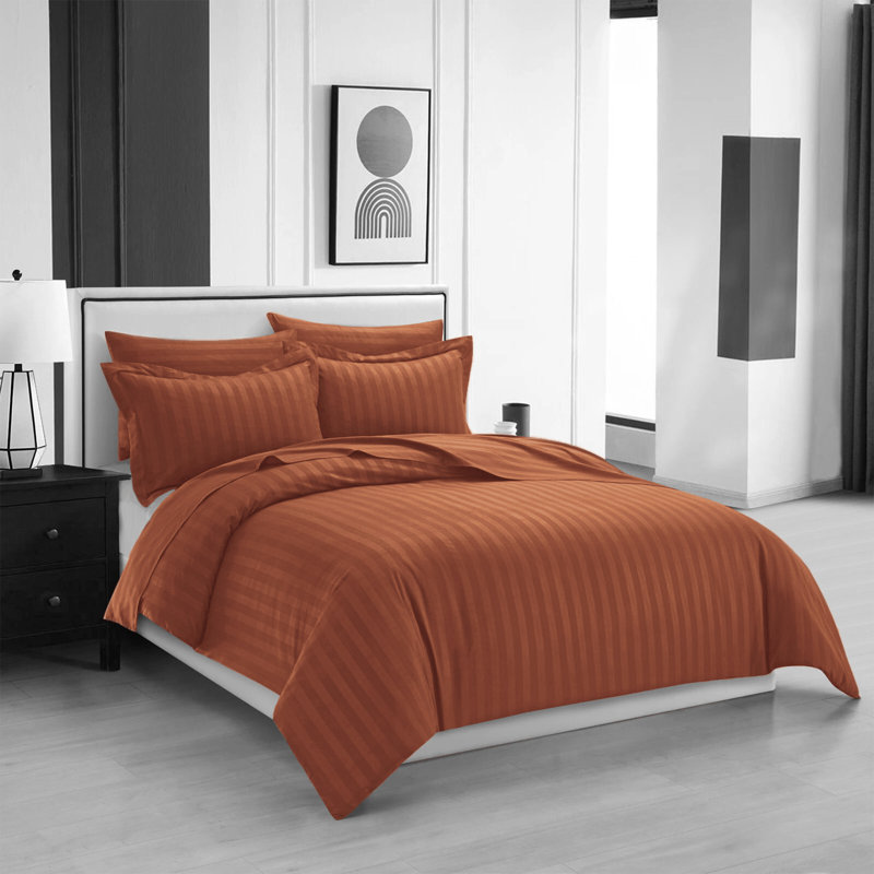 Microfiber Striped Duvet Cover Set with Pillowcases, King Duvet Cover Set + 2 Standard Pillowcases, Rust Striped