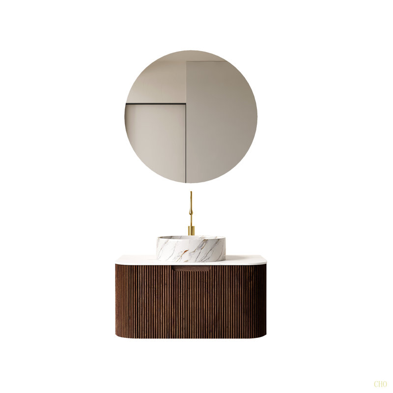 Meuble-lavabo de salle de bain avec lavabo, armoire de rangement de salle de bain murale à bordures courbes et flottantes avec tiroir, lavabo en céramique avec motif de pierre, pré-assemblé