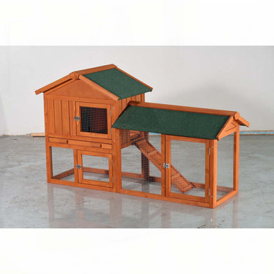 Large Wooden Rabbit Hutch, 2-Story Outdoor Bunny Cage with Waterproof Asphalt Roof, Pull-Out Tray & Ramp, Fir Wood Pet House for Rabbits, Chickens, Guinea Pigs (Brown & Green)