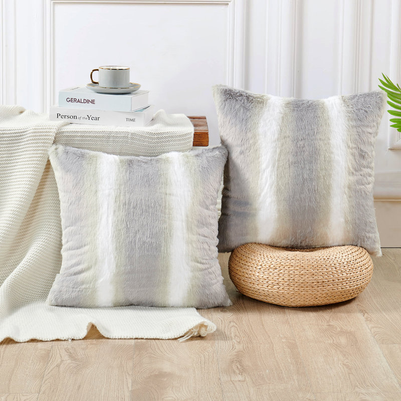 Vapor Gray Faux Fur Microsuede Embroidered Pillow Covers, 20" x 20"
