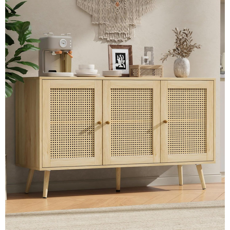 47.2" Rattan Sideboard Buffet Cabinet with 3 Doors, Boho Storage Cabinet with Adjustable Shelves, Console Table for Living Room, Dining Room, Entryway, Coffee Bar
