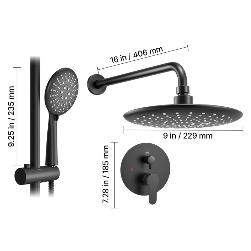 Shower Faucet Set, Rainfall Bathroom Shower System with 9-Inch Round Rain Shower Head and Handheld Spray, Wall Mounted Bath Fixtures with Brass Valve and Trim Kit, Matte Black