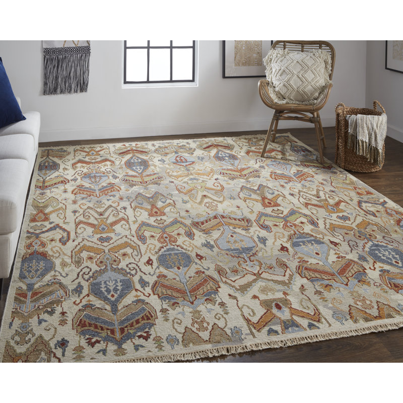 Tapis noué à la main brun clair / ivoire / orange Ikat, Rectangle 2 pi x 3 pi