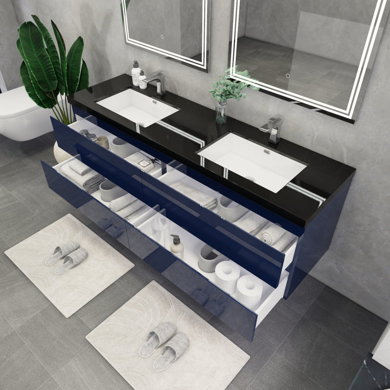 Kirker 72" Wall-Mounted Double Bathroom Vanity Set, Glossy Blue