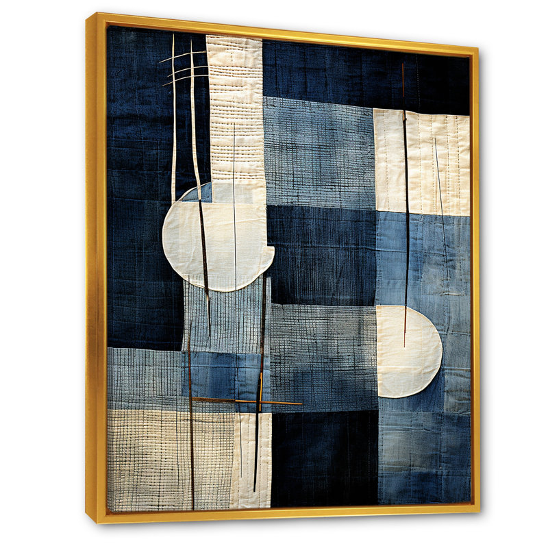 Collage géométrique bleu azur - Collages abstraits, Cadre flottant doré, H 20 po x l 12 po x P 1 po