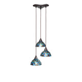 Luminaire suspendu à grappe de cordon 3 lumières Europa au fini nickel brossé avec verre d'art mosaïque bleu de 7 po