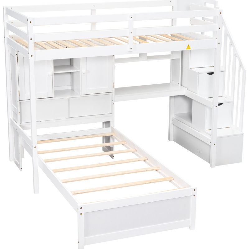 Lit mezzanine simple au-dessus d'un lit blanc avec escalier, bureau et rangement, Blanc