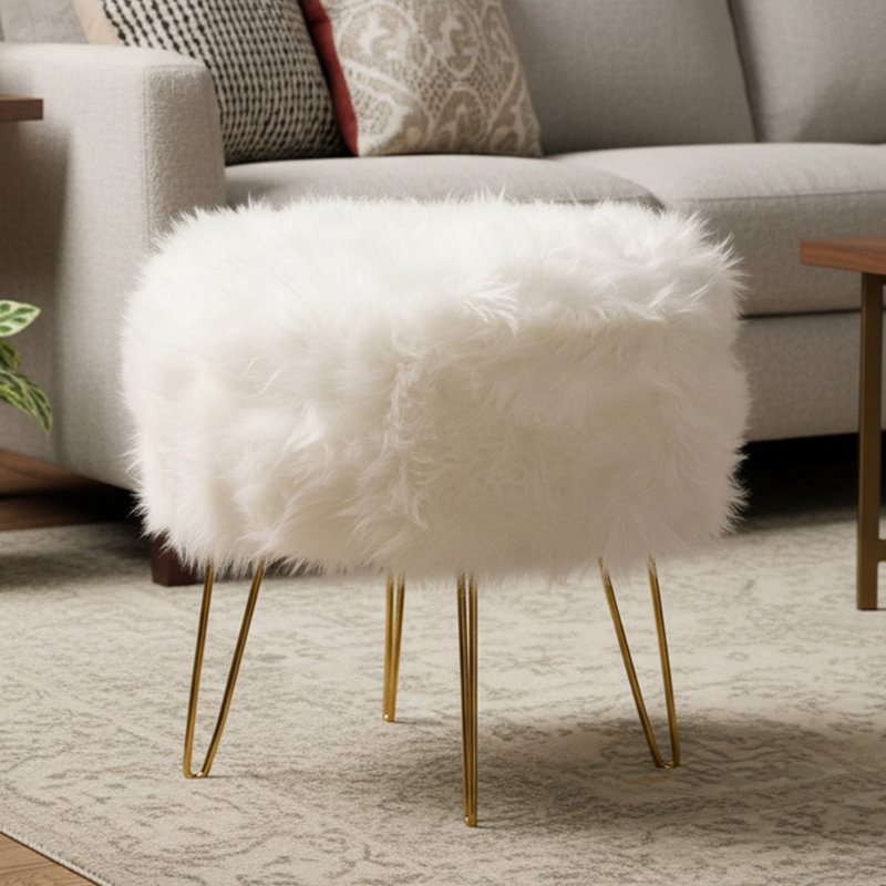 48cm Tall Faux Fur Ottoman Stool for Bedroom Furniture, Modern Stool with Stainless Steel Base