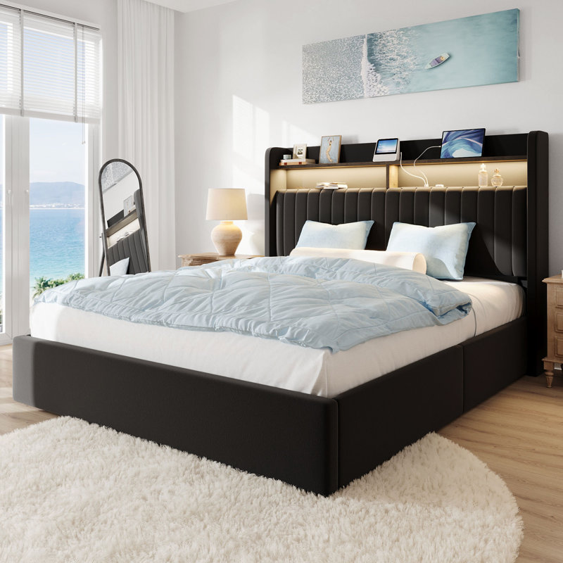 Hydraulic Lift Up Storage Upholstered Platform Wingback LED Bed With 2-Tier Shelves And Charging Station, Black, Queen