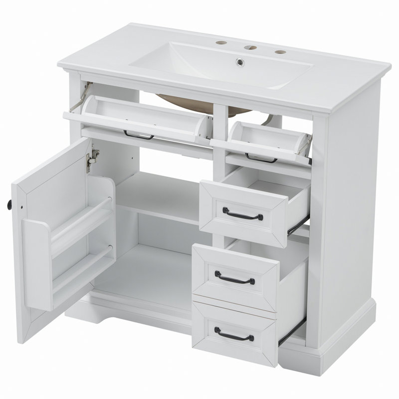 Meuble-lavabo de salle de bain avec lavabo, 2 tiroirs basculants, charnières de porte à fermeture en douceur