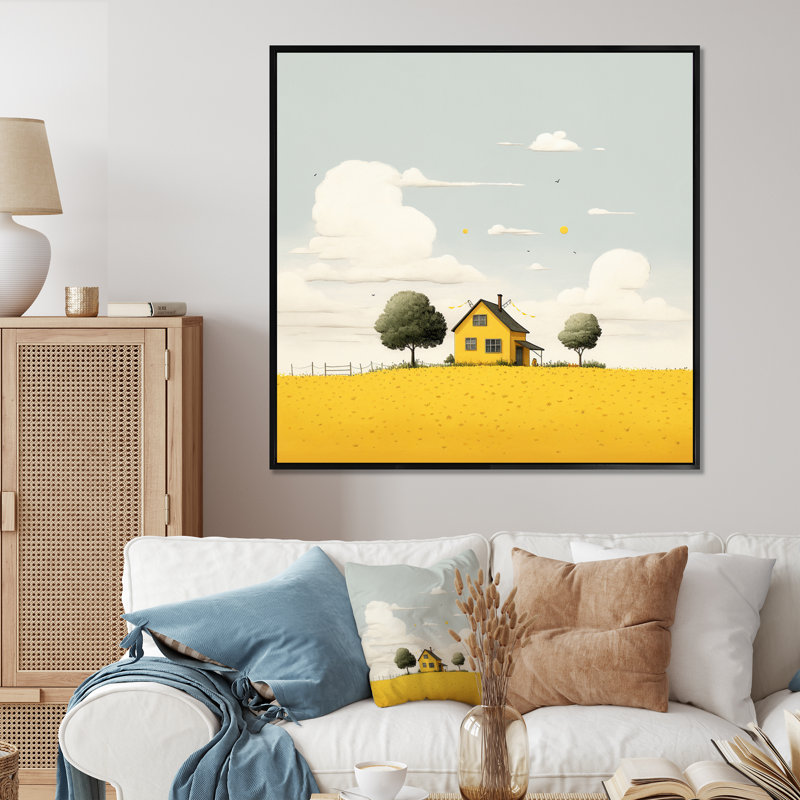 Maison jaune dans la prairie, aquarelle minimale, Cadre flottant noir, H 36 po x l 36 po x P 1,5 po