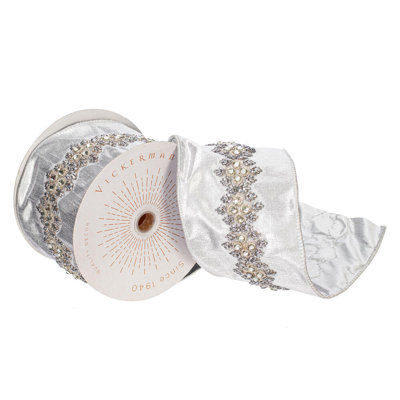4" x 5 Yards Silver with Jewels Wired Edge Christmas Ribbon.