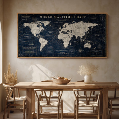 Large Framed Canvas Wall Art - Vintage World Maritime Chart Nautical Map Decor - 60"x30"