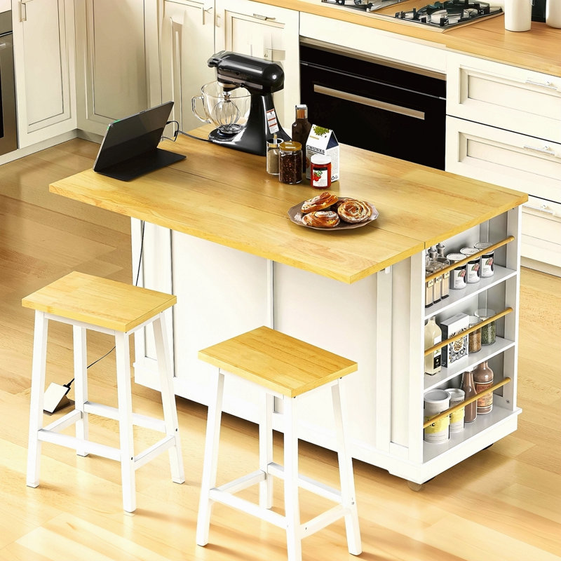 48Inch Large Kitchen Island With 2 Bar Stools, Power Outlet, Door Internal Storage Rack, Kitchen Storage Cart On 5 Wheels With Drop Leaf, 5 Open Side Racks, 2 Drawers,For Kitchen,Dining Room